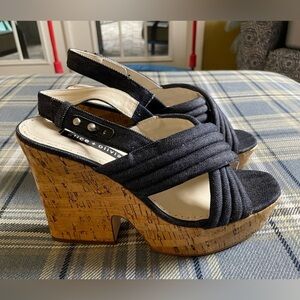 Alice + Olivia Charlize Wedge Slingback Cork Heels 40 Denim Blue Tan 9.5